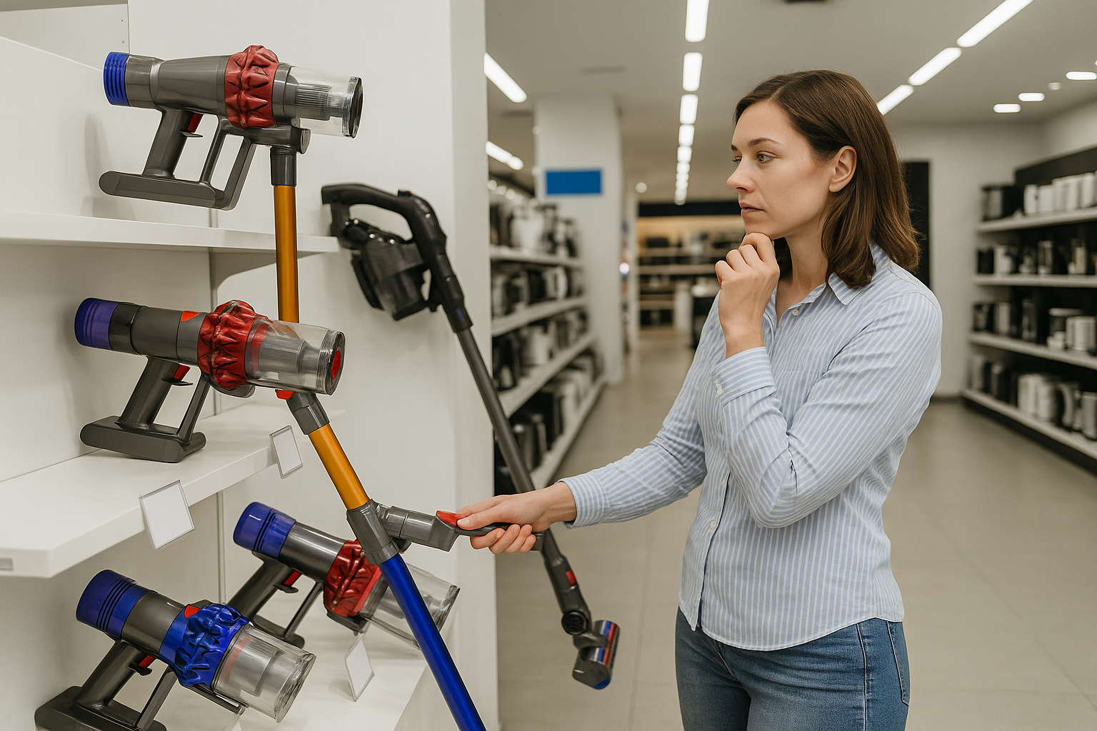 Mujer evaluando aspiradoras sin cable en una tienda de electrodomésticos, comparando modelos para elegir la mejor opción