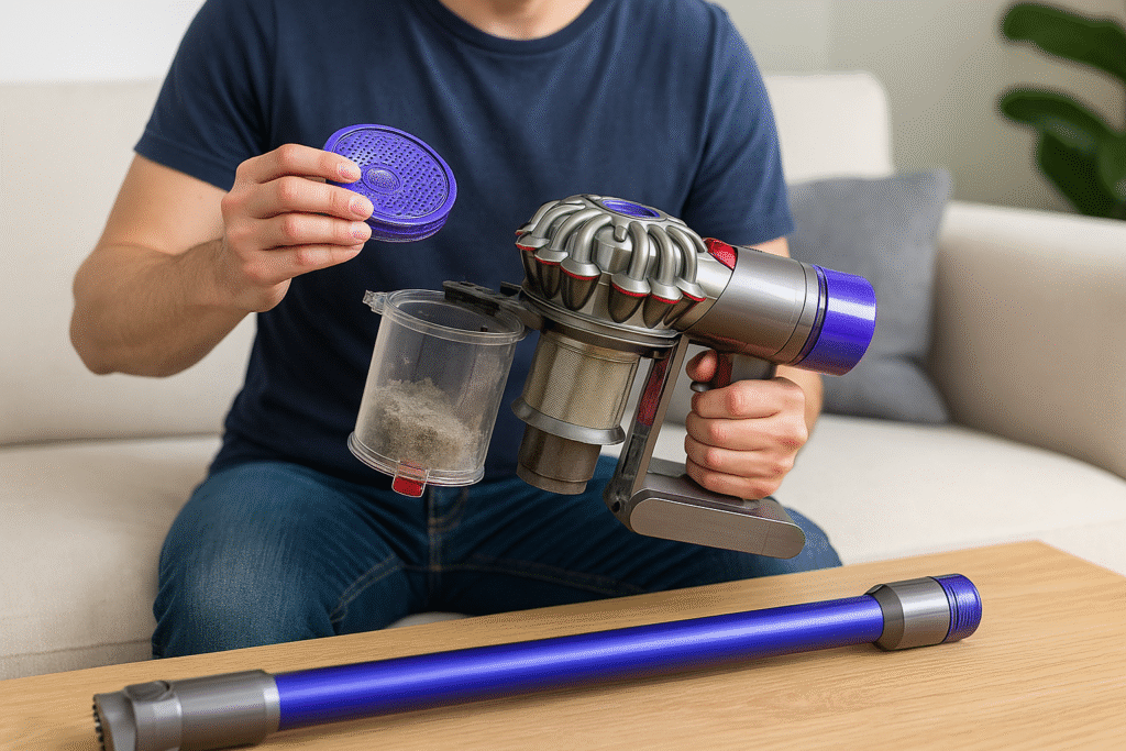 Persona realizando mantenimiento de una aspiradora sin cable, limpiando el filtro y cuidando el depósito para un uso duradero