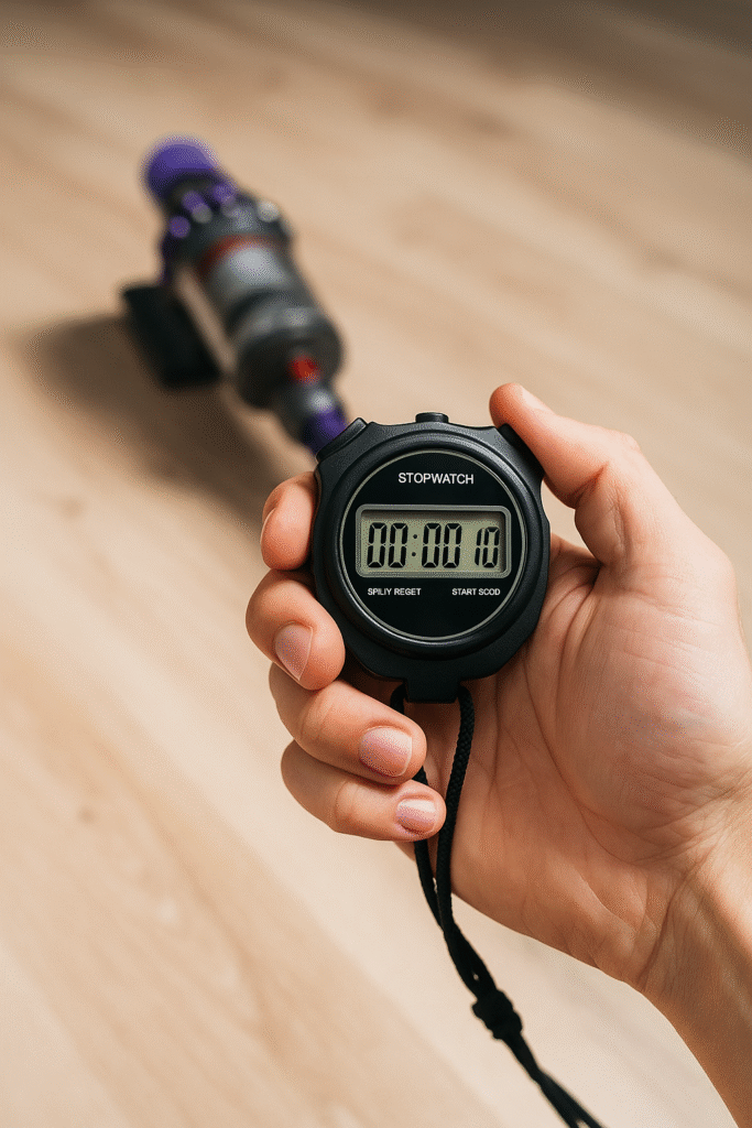 Mano sujetando un cronómetro junto a una aspiradora sin cable moderna, simbolizando la elección rápida en 10 segundos de la aspiradora ideal.
