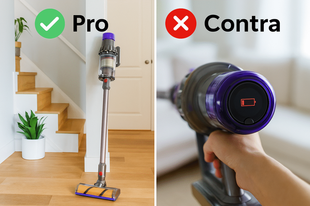 a0e4b922-5aed-4a78-91a6-e2c78d961b52 Comparativa visual de los pros y contras de una aspiradora sin cable, mostrando rendimiento eficiente frente a la limitación de batería descargada.