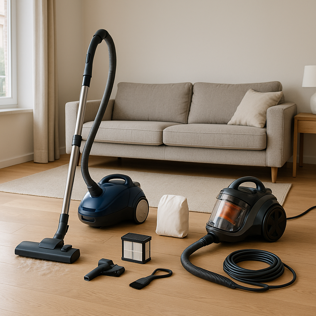 Comparativa visual: aspiradora con bolsa frente a aspiradora sin bolsa en salón con parquet.