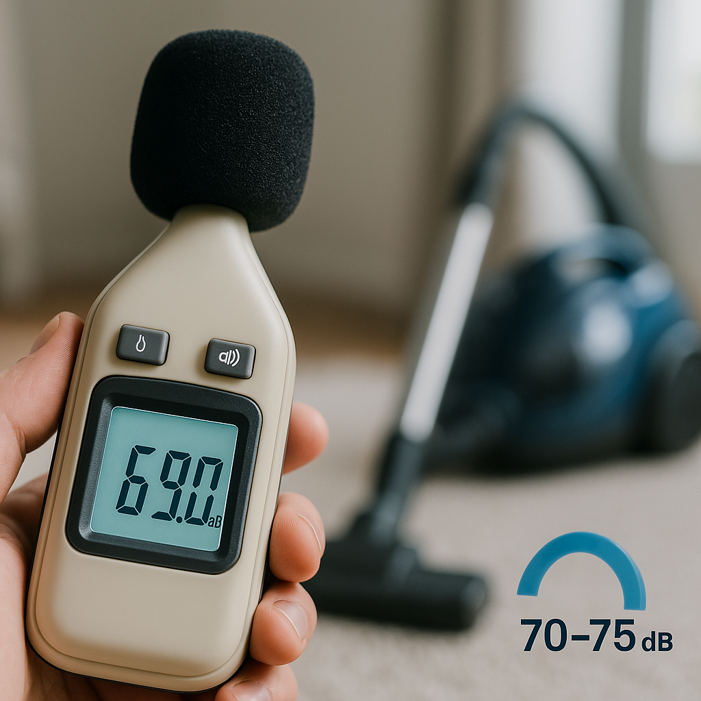 Sonómetro marcando 69 dB junto a aspiradora en uso para ilustrar niveles de ruido.entrar en marcas.